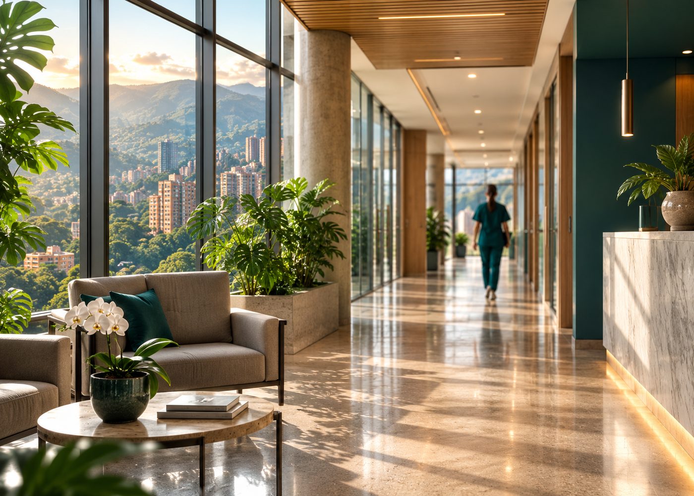 Bright clinic corridor with floor-to-ceiling windows looking onto the green hills above Medellin