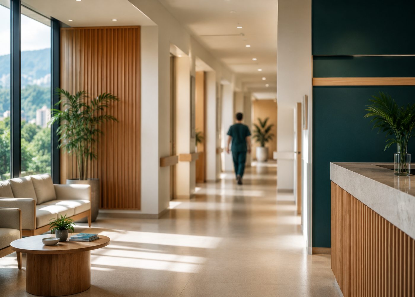 Clinic corridor in warm daylight with a member of clinical staff walking away from camera