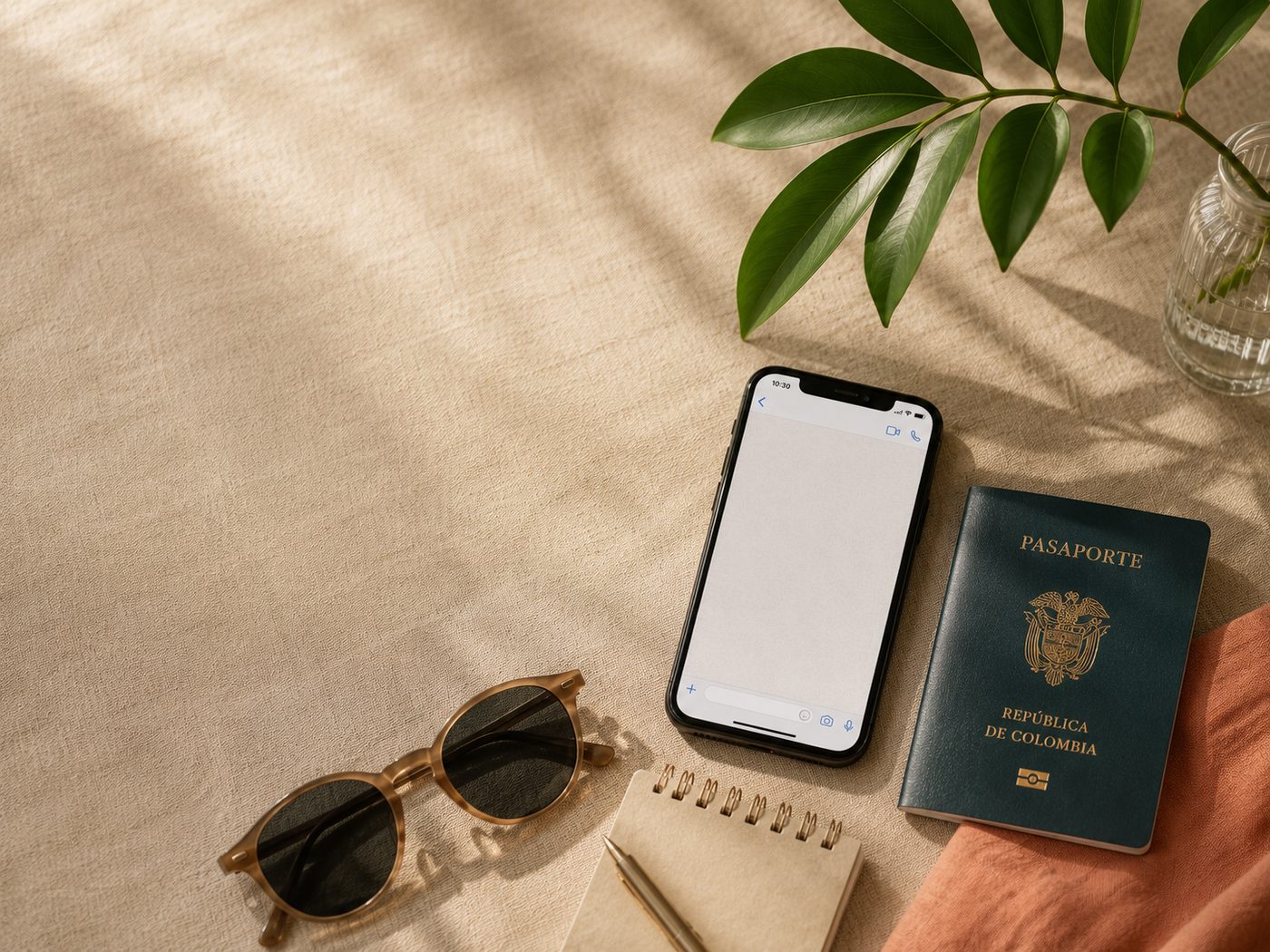 Passport, phone and notebook laid out on linen in warm daylight